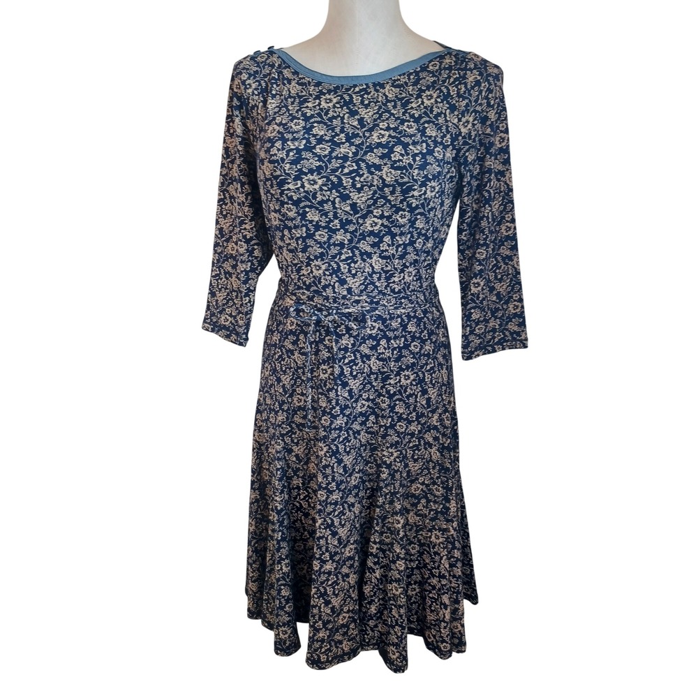 Lauren Jeans Co Ralph Lauren Floral Cotton Knit Dress Navy Blue 3/4 Sleeve Small